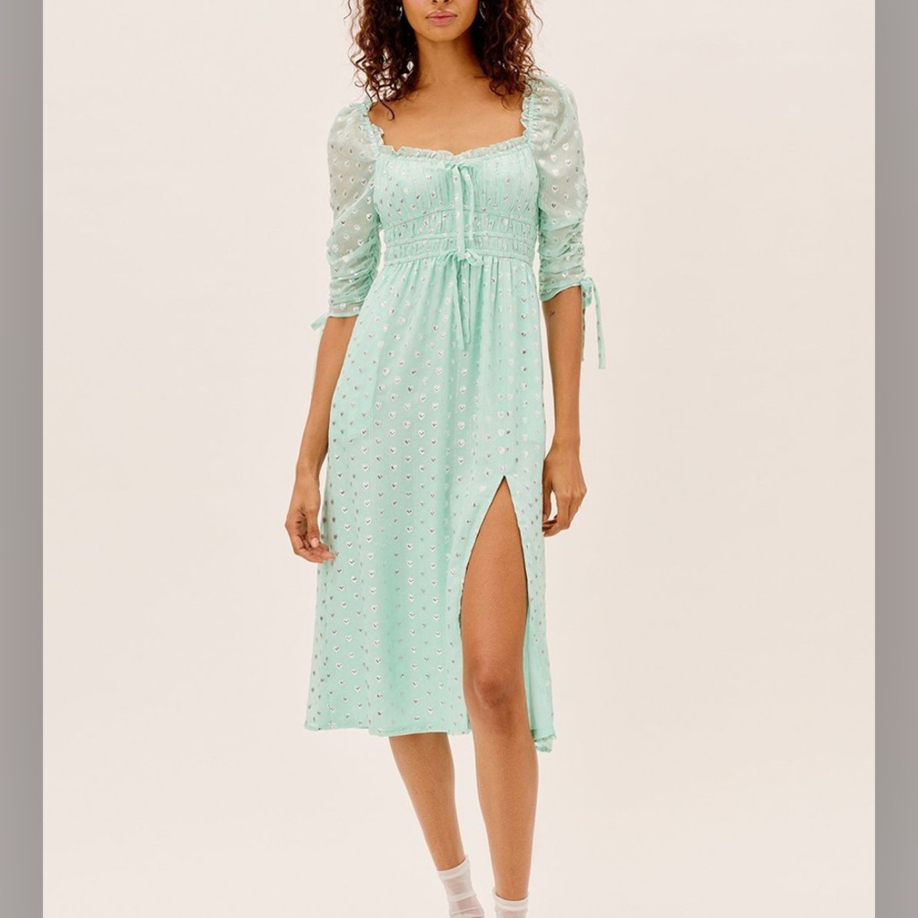 For Love & Lemons Eden Silk-Blend Metallic Hearts Cute Midi Dress Mint